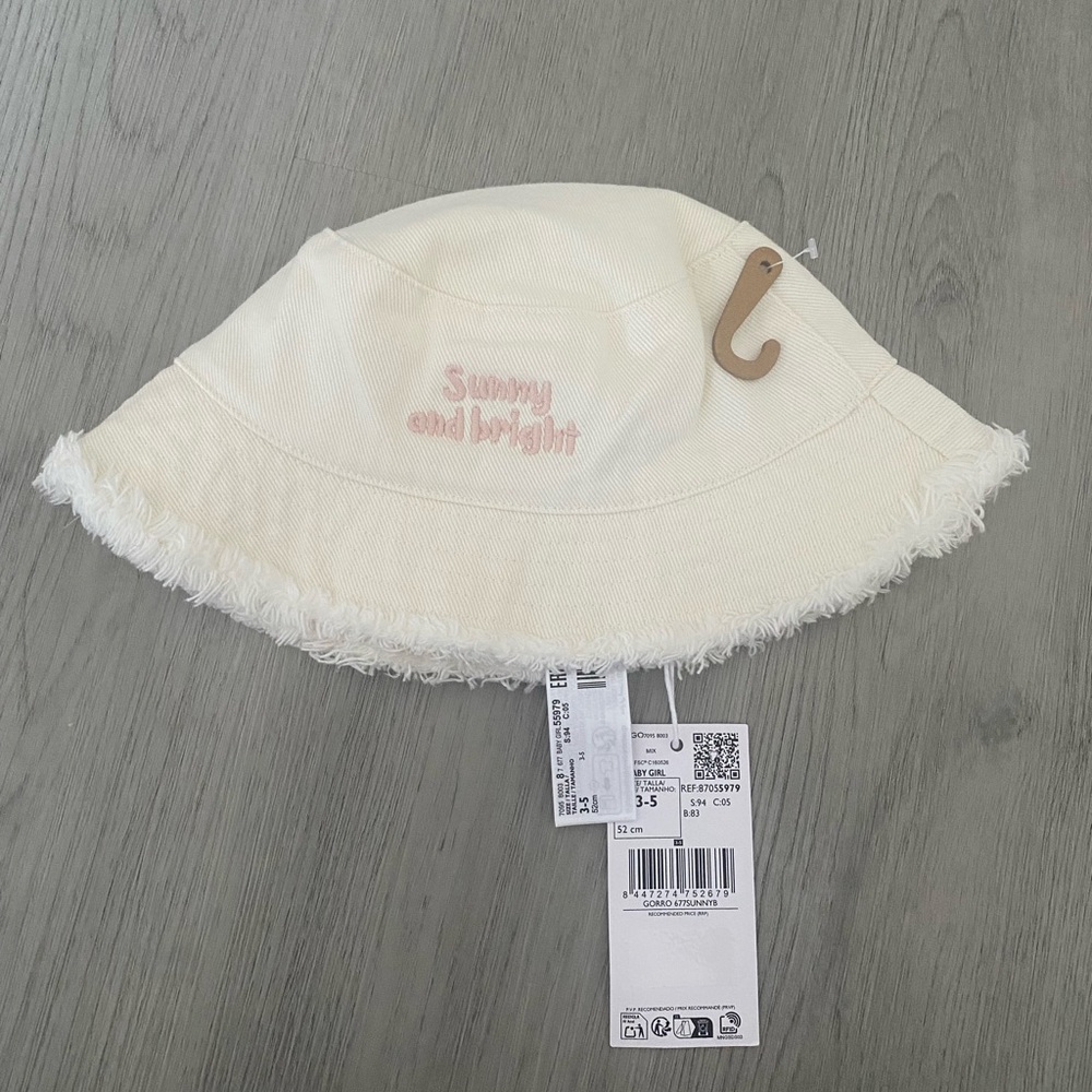 Mango Cream Kids' Bucket Hat with Pink Embroidery